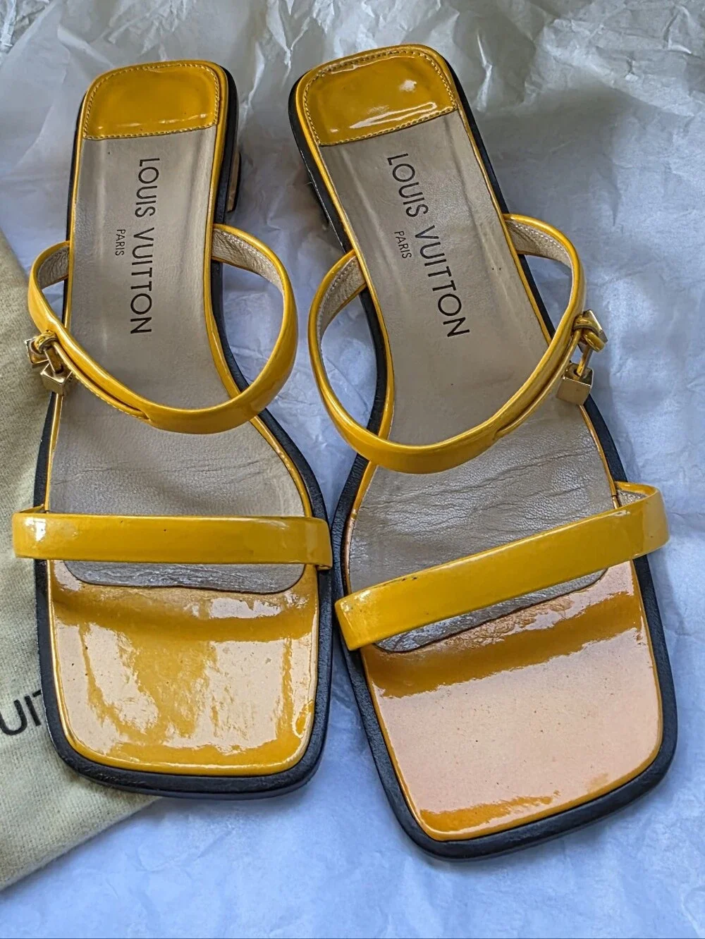 Louis Vuitton Patent Leather Yellow Strappy Square-Toe Sandals Size 37